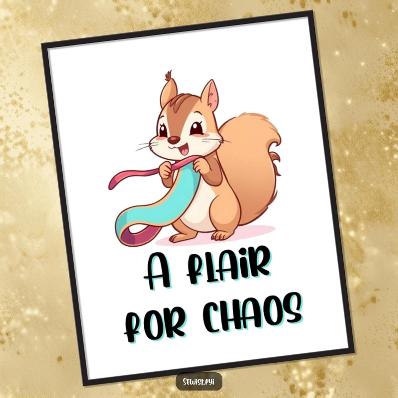 Funny mischievous squirrel unfurls a vibrant ribbon with a flourish, whimsical poster art for fun lovers.