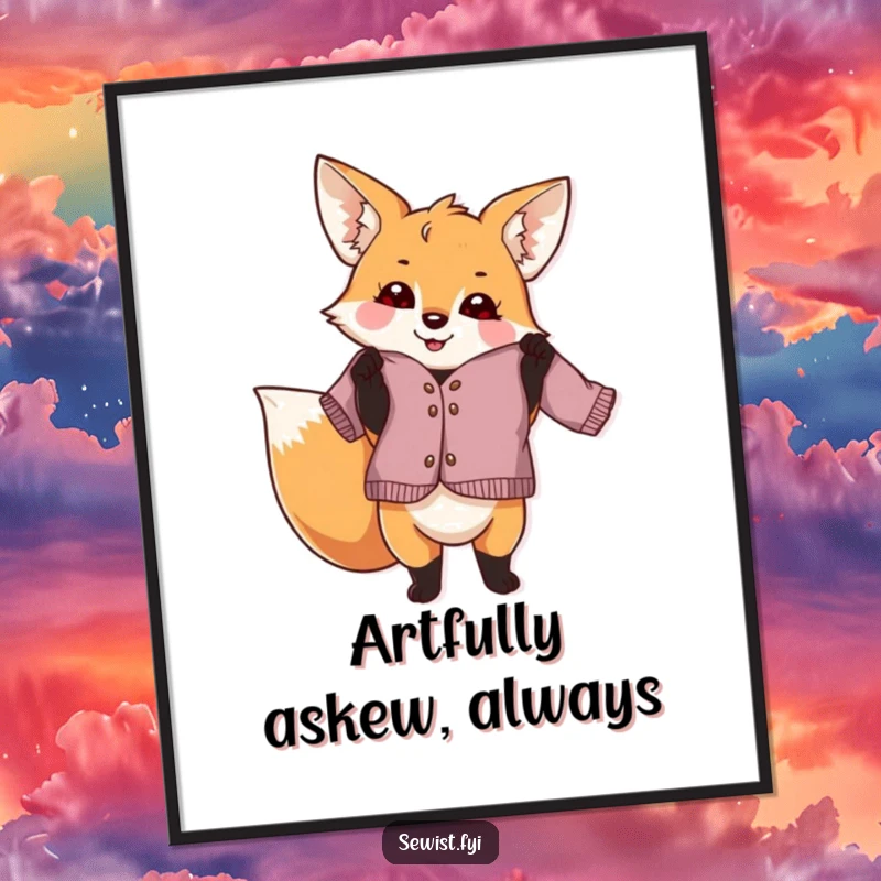 Funny fox dressmaker poster, a playful creature proudly holding a slightly crooked garment, whimsical decor for craft rooms and as a gift.