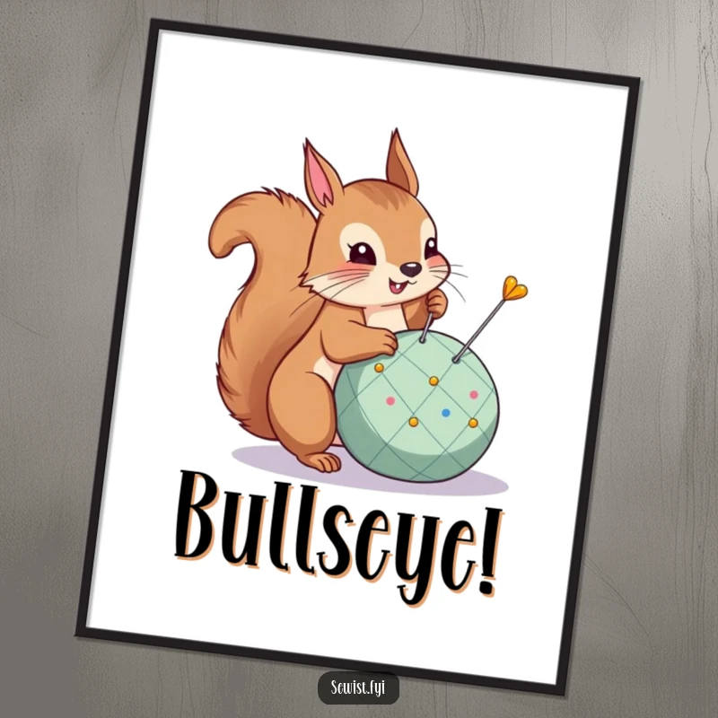 Funny Poster: A proud squirrel triumphantly pins a dart into a pincushion, a humorous depiction of victory.