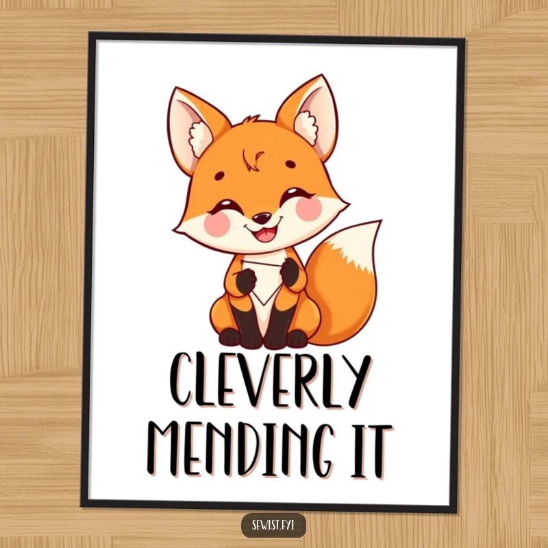 Funny Fox Poster: A delighted fox proudly stitching a colorful patch, radiating joy and pride in crafting, gift.