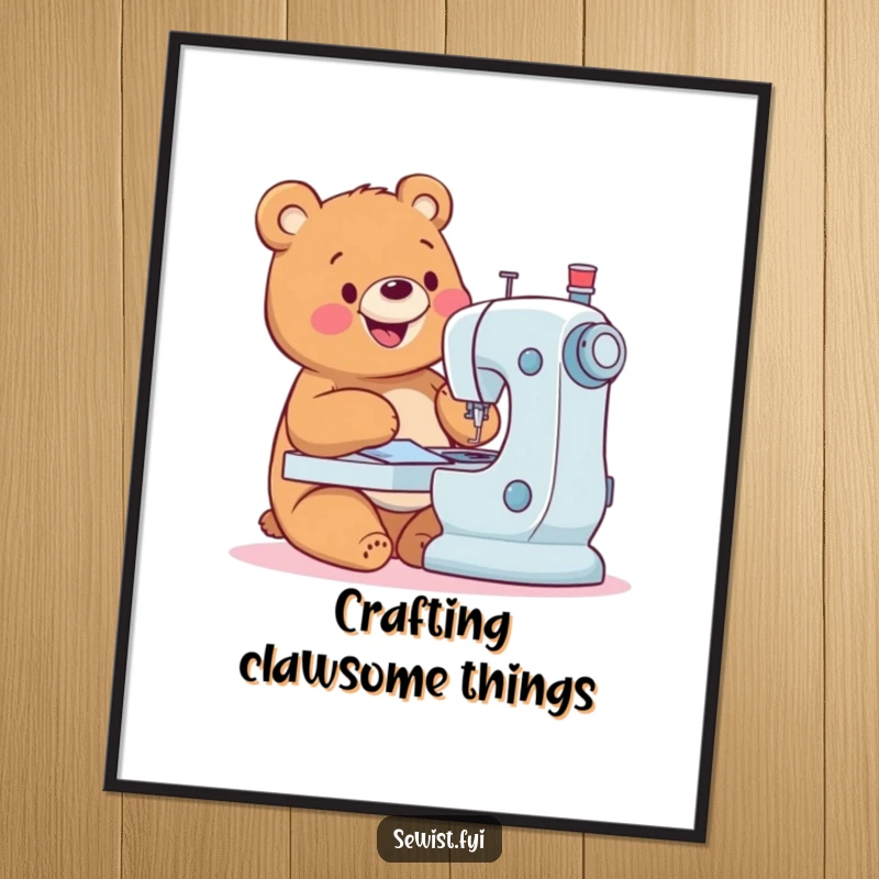 Funny Bear Poster: A happy bear skillfully operating a sewing machine, radiating joy and passion for crafting, gift.