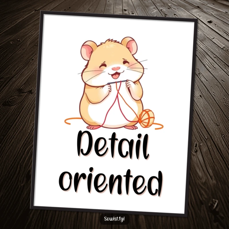 Funny Poster: A smiling hamster skillfully threads a needle, a humorous and detailed depiction of crafting.