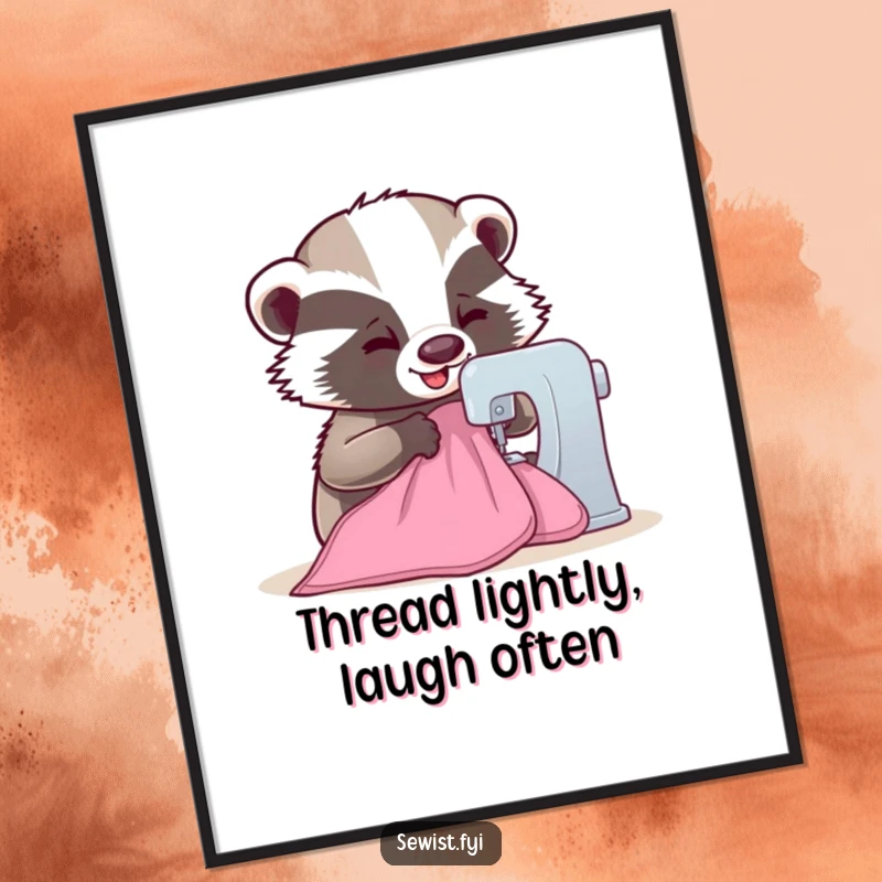 Funny Badger Poster: A happy badger skillfully sewing fabric on a machine, a humorous wall art piece and a perfect gift for crafters.