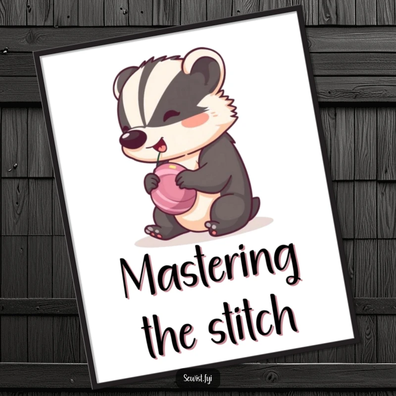 Funny Badger Poster showing a cheeky badger spinning a bobbin with a happy rhythm, perfect for sewing room decor.