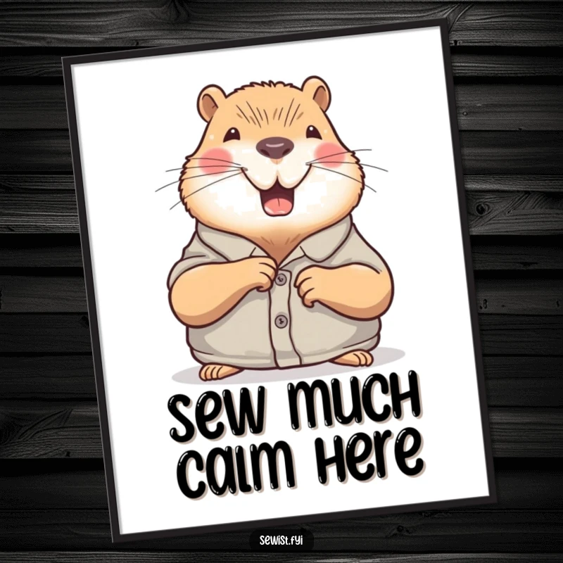 Funny Capybara Poster: A joyful capybara carefully sewing a button, creating calming wall art with a humorous touch, a delightful gift.