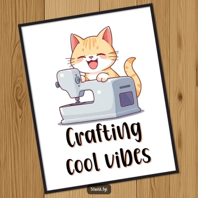 Funny poster featuring a playful cat operating a sewing machine, adding humorous and creative personality to wall decor.