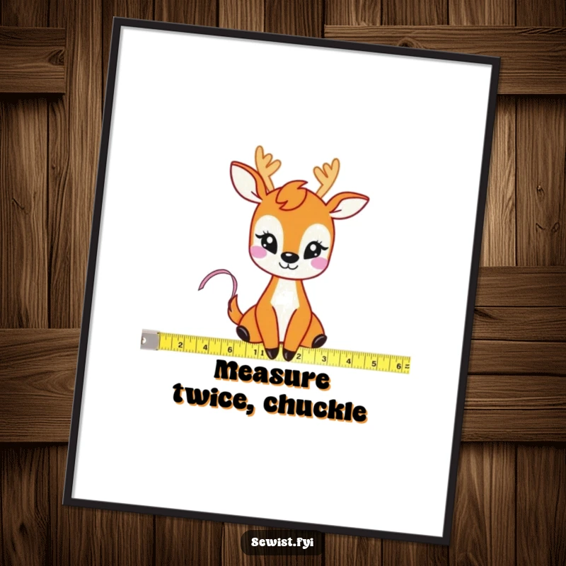Funny Deer Measuring Tape Poster: A framed print of a joyful deer measuring fabric with a flexible tape measure, embodying the spirit of creation.