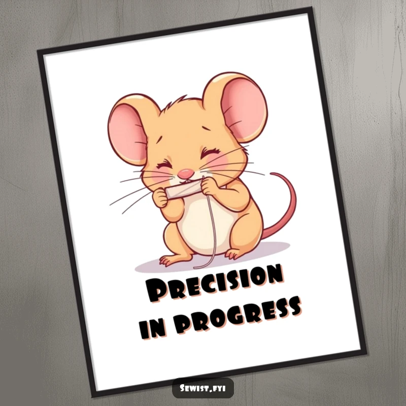 Funny determined mouse threading a needle with intense concentration. Great funny poster.