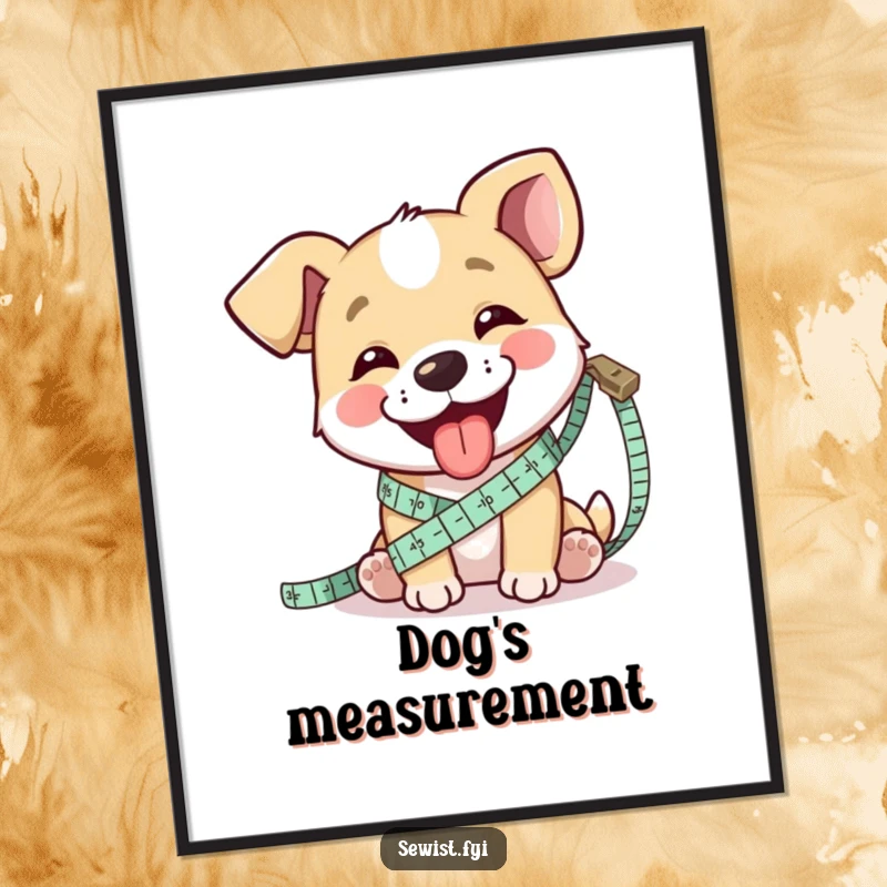 Funny poster print of a happy dog playfully measuring fabric with a tape measure, tongue sticking out.