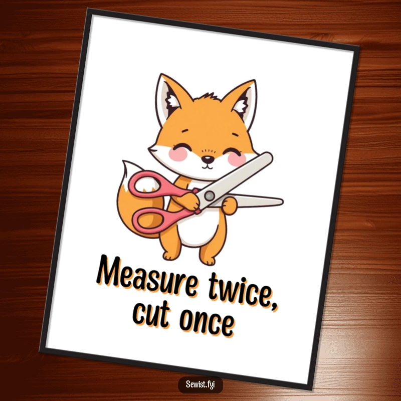 Funny Poster illustrating a playful fox character wielding oversized novelty scissors to cut through fabric.