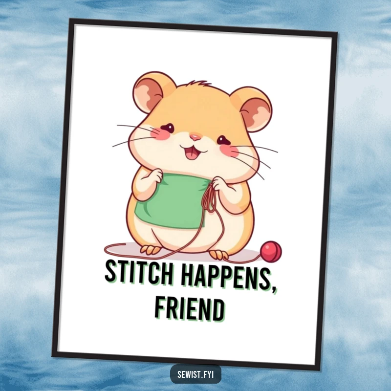 Funny beaming hamster sews with concentration using needle and thread, whimsical poster art for crafters.