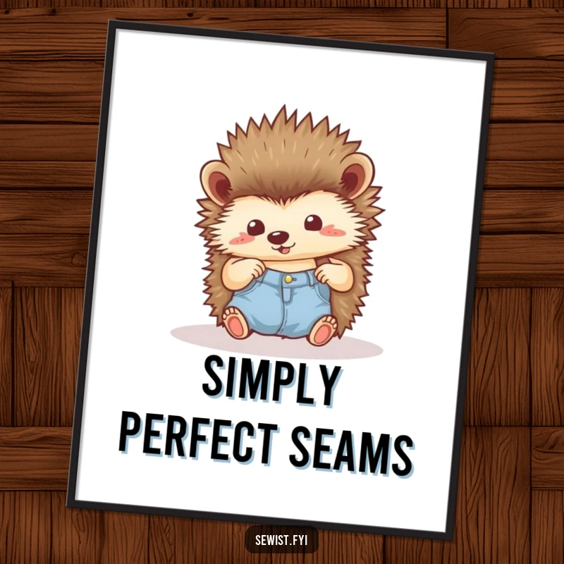 Funny Hedgehog Poster: A proud hedgehog admiring a neat seam, adding humorous wall art and pride, a delightful gift.