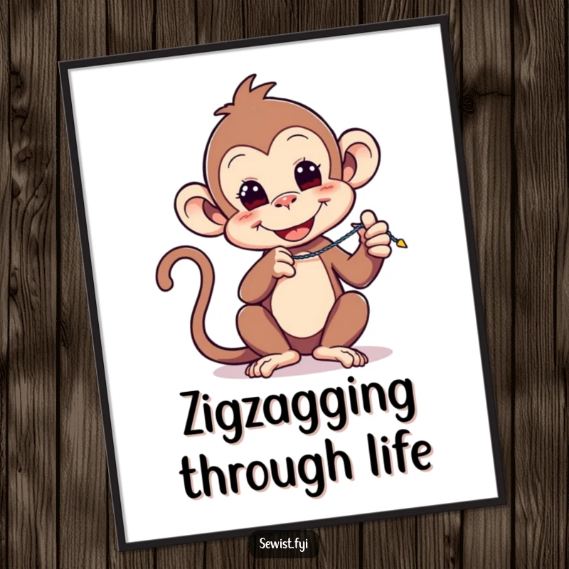 Funny poster: A playful monkey demonstrates a precise zigzag stitch, creating a visually engaging piece of sewing art.