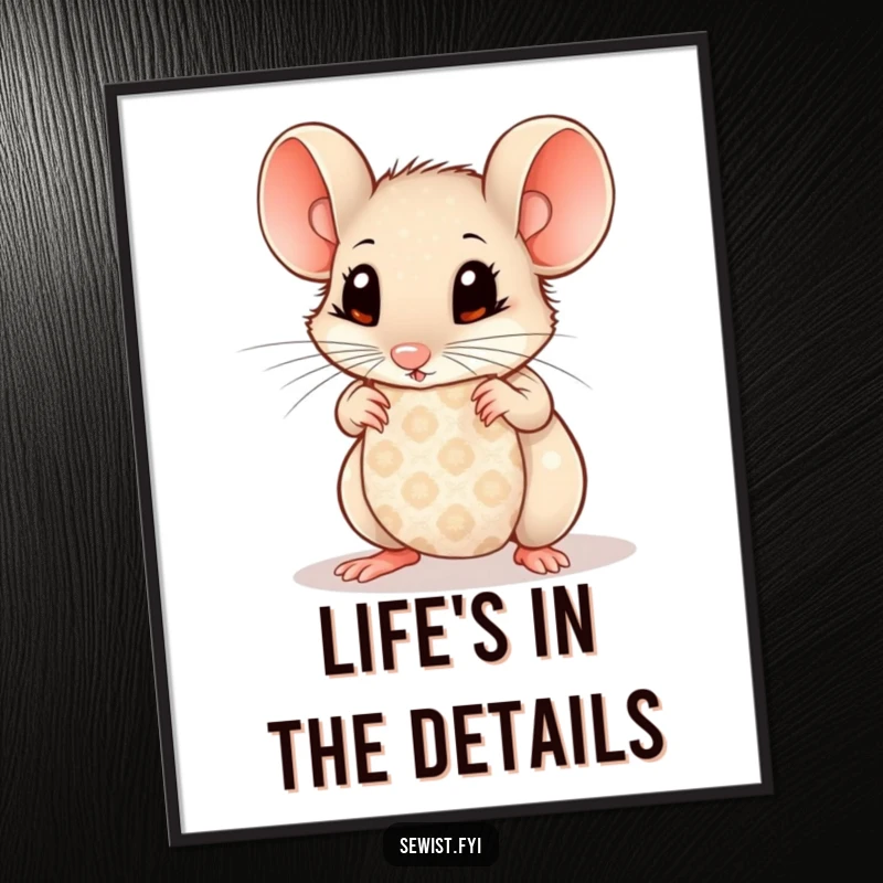 Funny Mouse Poster: Curious mouse with wide eyes examining patterned fabric, detailed and humorous wall art.