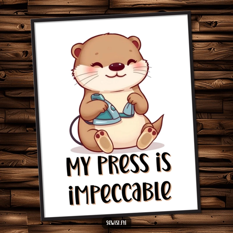 Funny otter ironing poster, a content creature happily pressing a seam with a tiny iron, whimsical decor for craft rooms and as a gift.