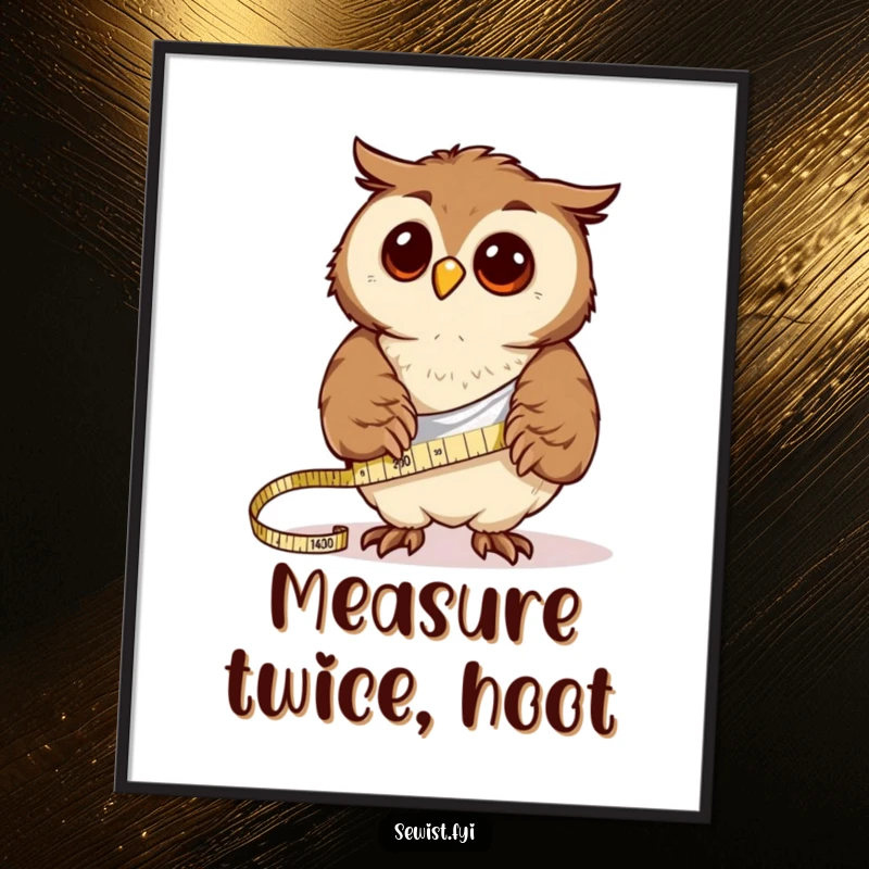 Funny curious owl measures fabric with a tape measure, whimsical poster art for crafters.