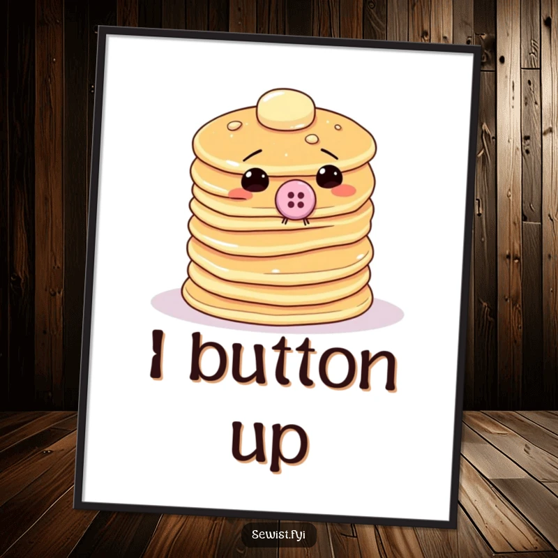 Funny pancake poster showing a wobbly stack attempting to sew a giant button onto itself, a humorous piece of wall art.