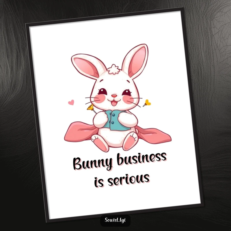 Funny Bunny Poster: A playful bunny carefully pinning fabric pieces together with a smile, radiating precision, gift.