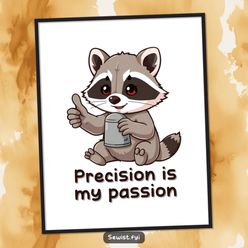Funny poster print of a raccoon giving a positive thumbs-up, holding a thimble, adding a touch of whimsical humor to any wall.