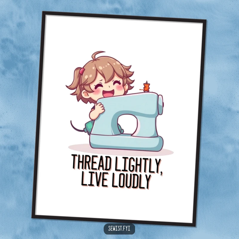 Funny sewing machine poster, happy character working enthusiastically on a large sewing machine.