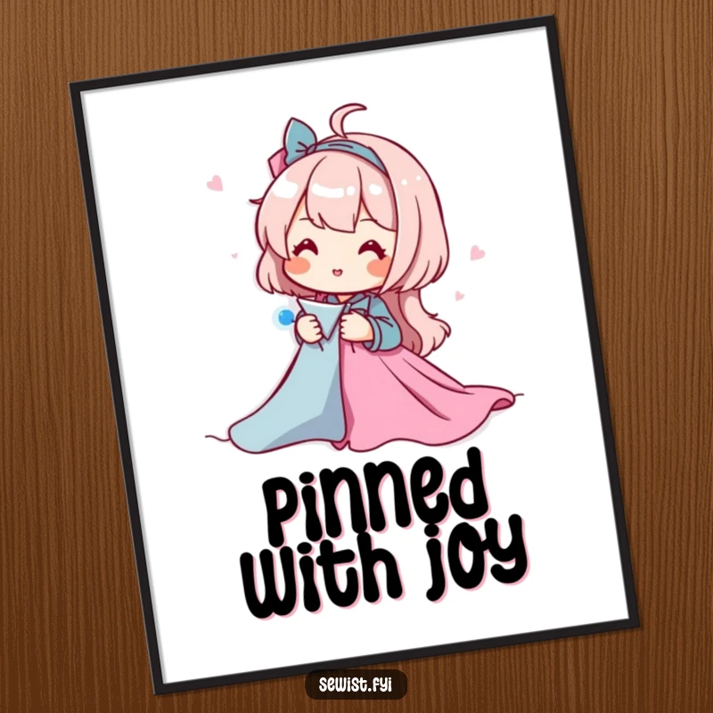 Funny poster depicting a character happily pinning fabric pieces together, celebrating the joy and precision of sewing preparation.