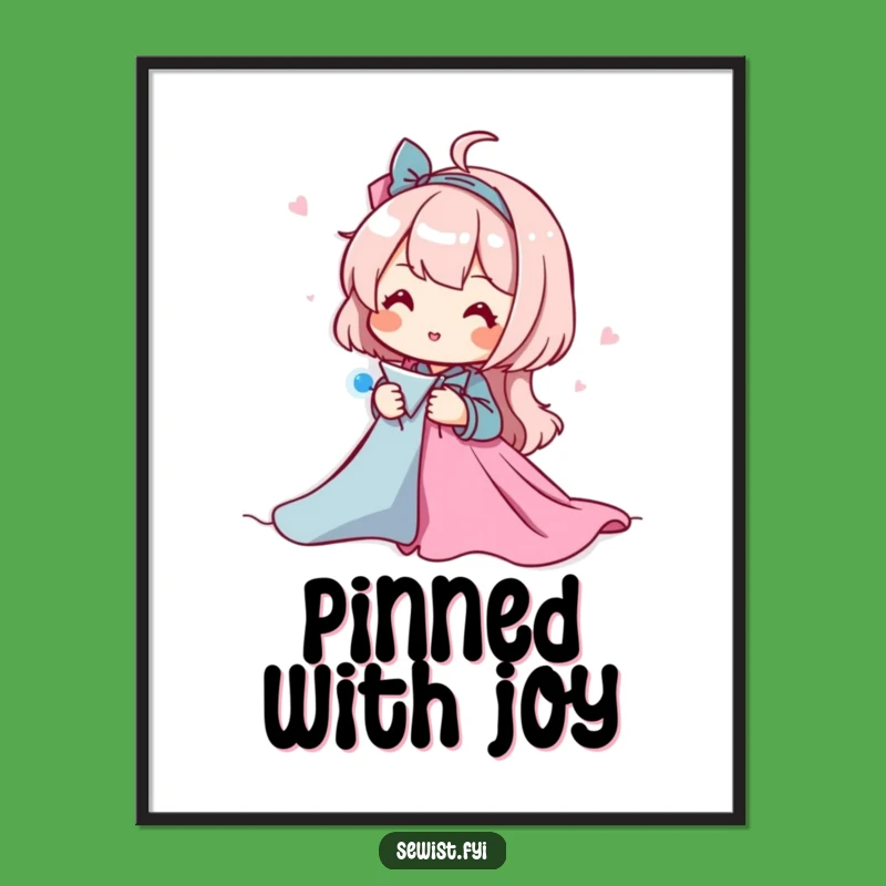 Funny Sewing Poster: Cheerful Art Of Character Pinning Fabric, Wall Decor