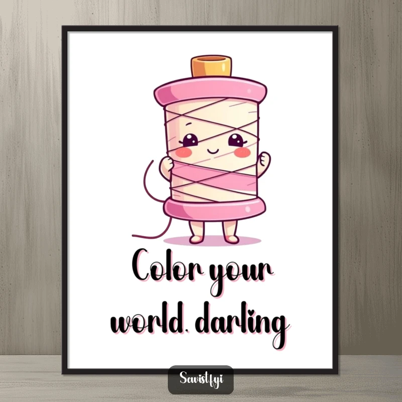 Funny poster art of a character proudly holding a colorful sewing spool, adding vibrant energy to any room.