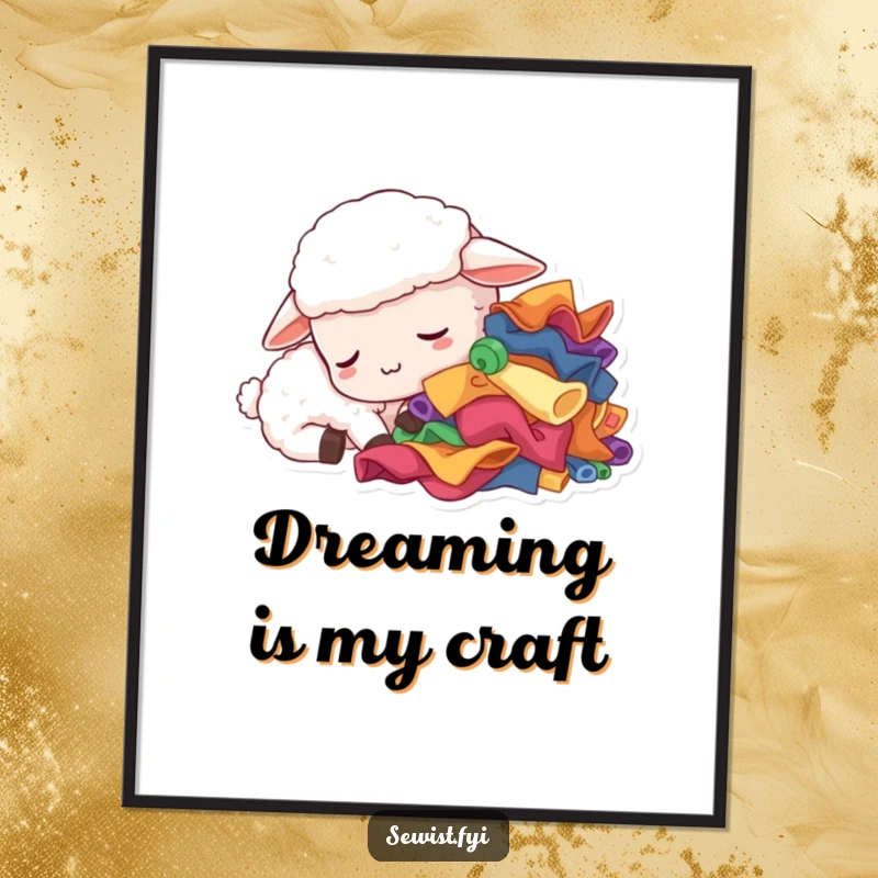 Funny sleepy sheep poster, a tired creature dozing next to fabric scraps, whimsical decor for craft rooms and as a gift.
