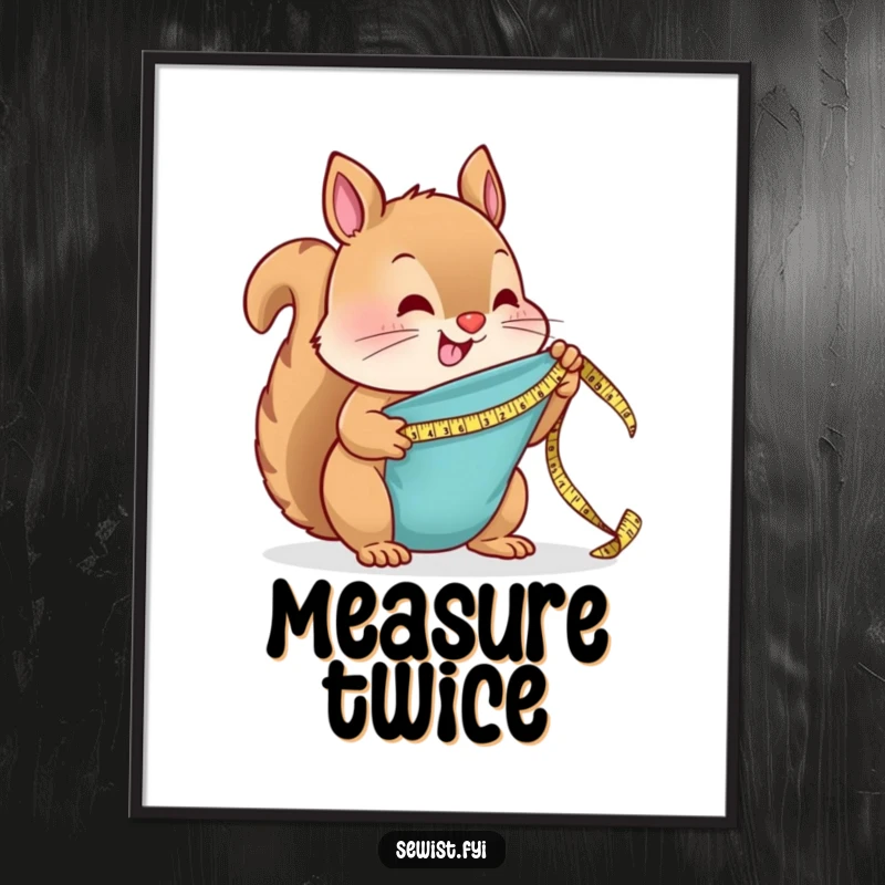 Funny Poster: A cheerful squirrel uses a small tape measure to size up fabric, perfect humorous wall art.
