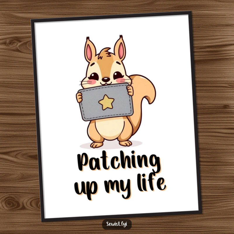 Funny poster: A cheerful squirrel proudly presents a beautifully sewn patch, symbolizing the joy and skill of handmade creations.