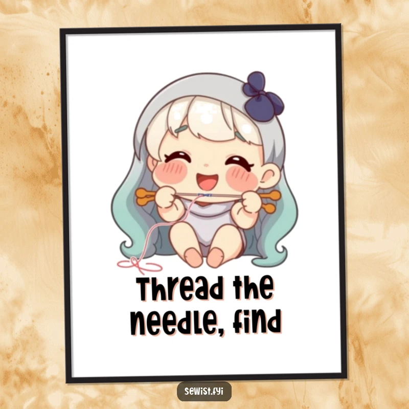 Funny threading needle poster, happy smiling character joyfully threading a needle with precision.