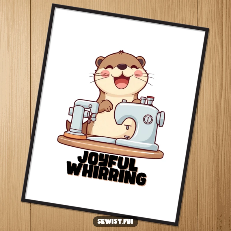 Funny otter poster featuring a joyful otter operating a sewing machine with a happy whirring sound.