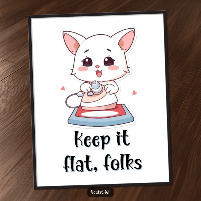Funny poster art of a character enthusiastically ironing a flat creation, adding a touch of neatness and joy.