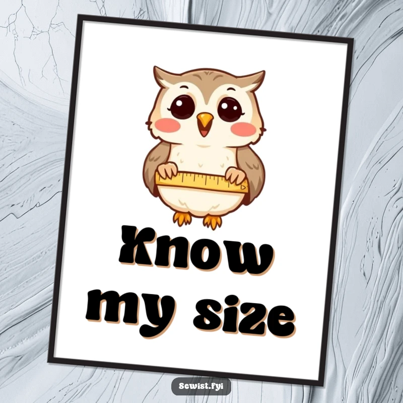 Funny Poster: A delighted owl meticulously measures cloth, a humorous representation of wisdom and exactness.