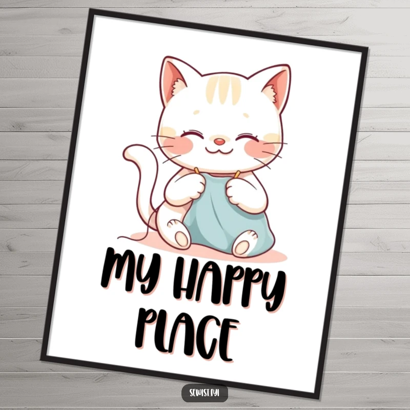 Funny cat poster featuring a happy cat intently sewing with a needle and thread, smiling with its crafting project.