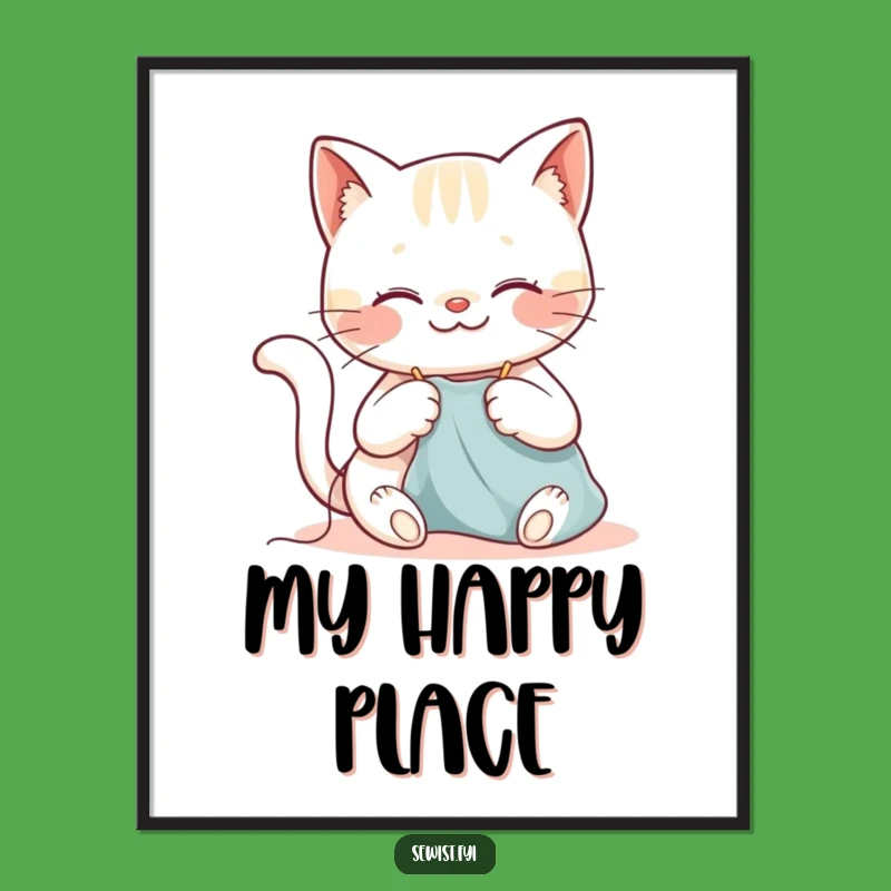 Funny Cat Sewing Poster: Happy Kitty Stitching Art, Whimsical Wall Decor, Gift Idea