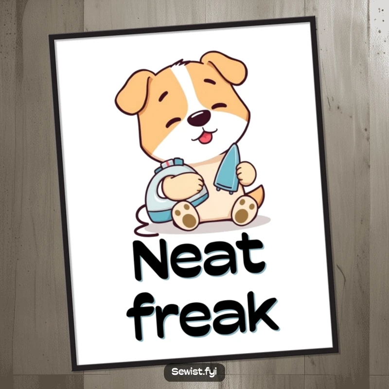 Funny Dog Ironing Seam Poster: A framed print of a happy dog carefully ironing a small seam with a miniature iron, embodying domestic tidiness.