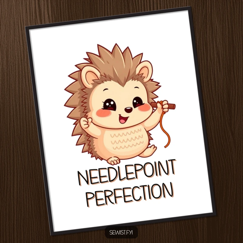 Funny Hedgehog Poster: A smiling hedgehog character proudly holding up a completed stitch, a charming depiction of accomplishment.