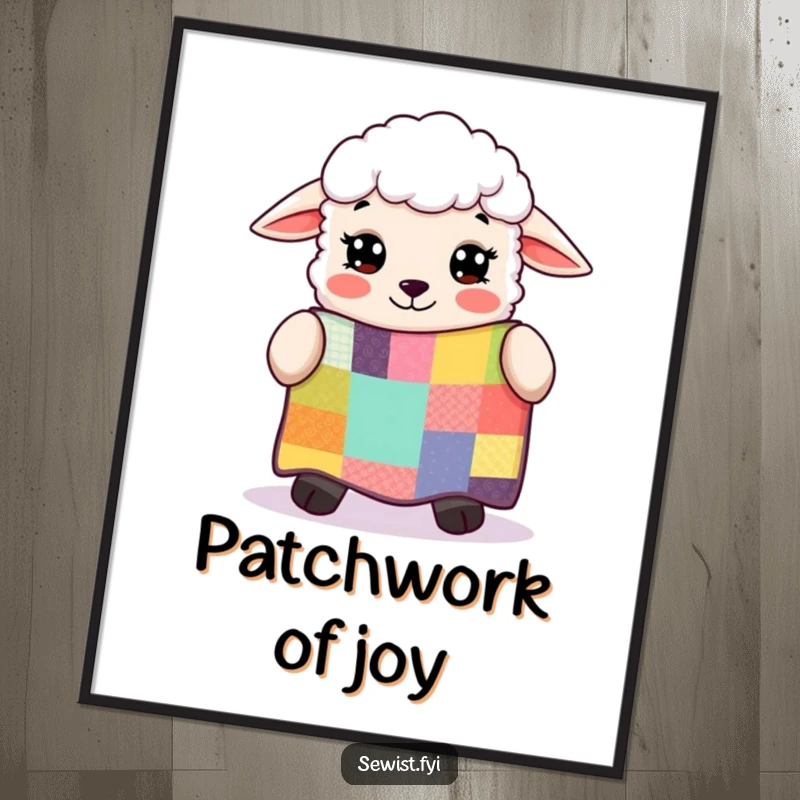 Funny sheep with wide, amazed eyes, admiring a colorful patchwork quilt, a charming and humorous poster for craft rooms.