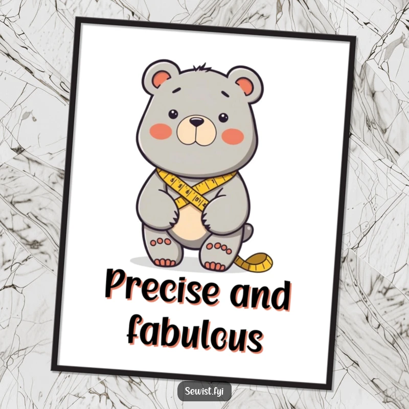 Funny determined bear measuring fabric with a tape measure around its neck. Great funny poster.