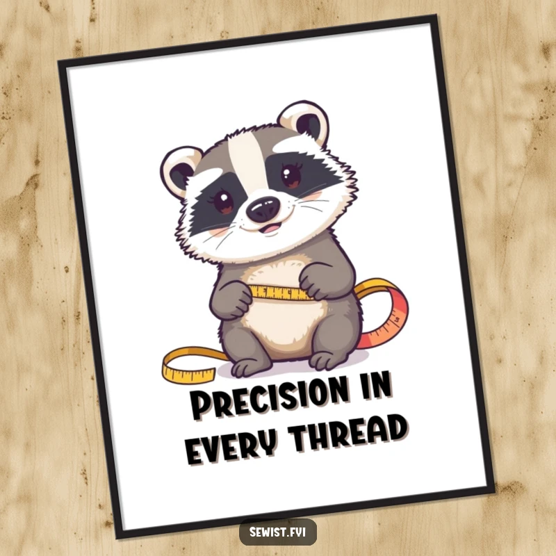 Funny poster: A determined badger is shown precisely measuring fabric with a tape measure, symbolizing careful planning and execution.