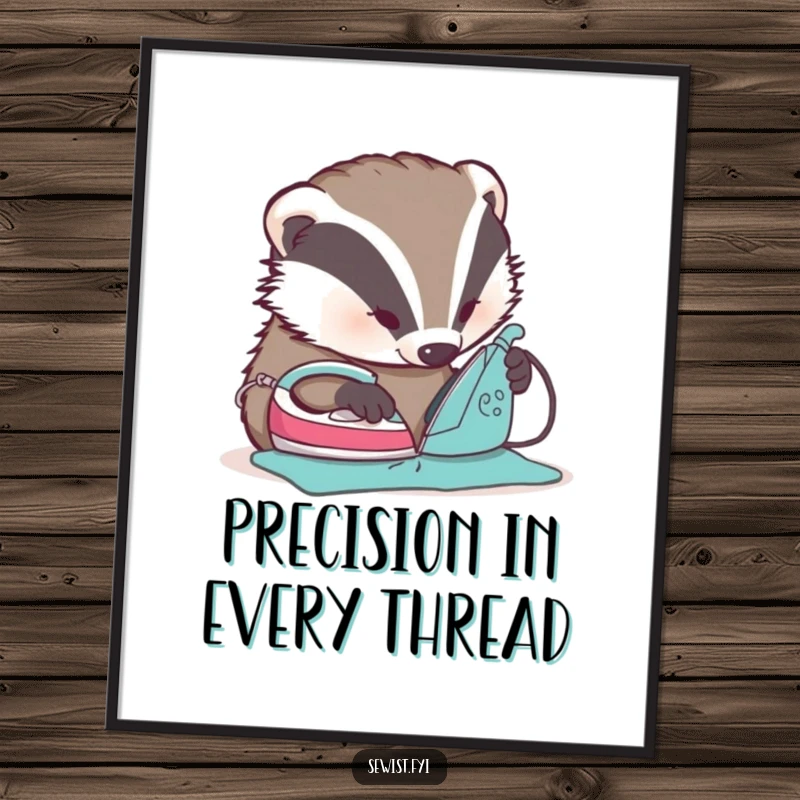 Funny Badger Ironing Poster - A detailed illustration of a badger focused on perfectly ironing a seam with a miniature iron.