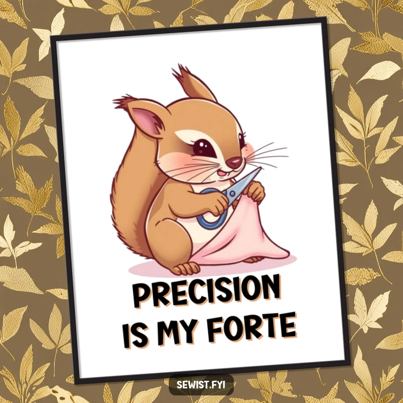 Funny squirrel tailor poster, a determined rodent with scissors cutting fabric, adding whimsical charm to craft room decor and as a gift.