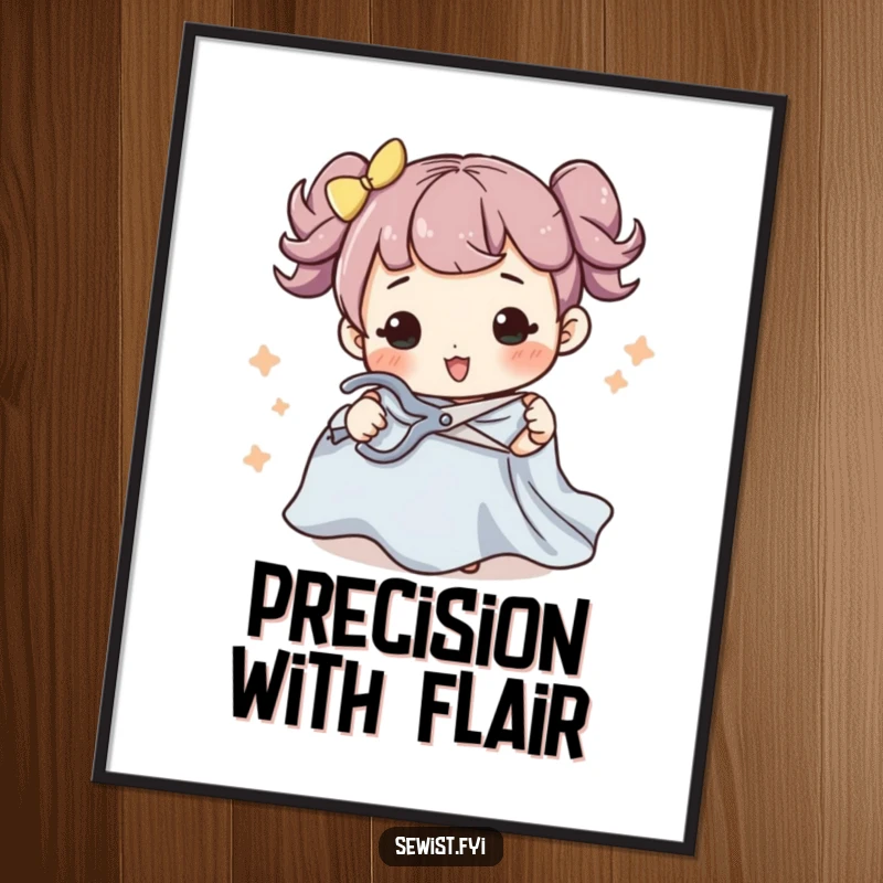 Funny poster depicting a character with a flourish cutting fabric with scissors, highlighting precision, skill, and the art of sewing.