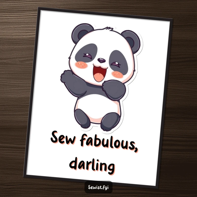 Funny Panda Poster showing a giggling panda cutting fabric with a cheerful flourish, bringing humor to sewing rooms.