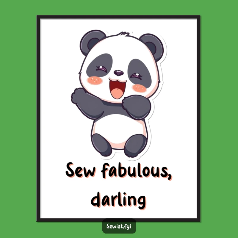 Funny Panda Seamstress Poster: A Giggling Panda Cutting Fabric With Joy
