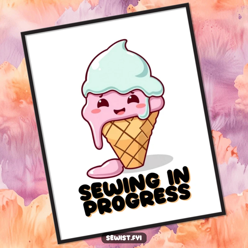 Funny poster art of a melting ice cream cone hilariously failing to sew a straight line, whimsical and relatable crafting wall decor.
