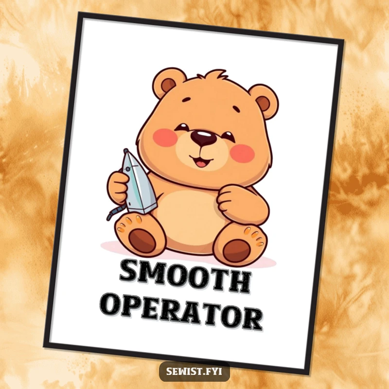 Funny Poster: A jovial bear concentrates on ironing seams, a humorous depiction of focus and tidiness.