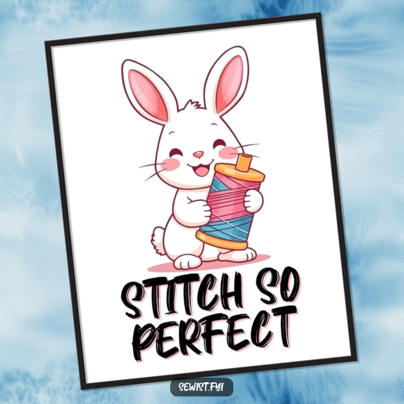 Funny Rabbit Poster: Cheerful artwork of a happy rabbit holding a brightly colored spool of thread, a delightful crafting scene.