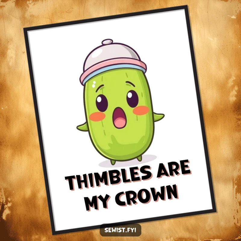 Funny pickle poster showing a surprised pickle wearing a thimble on its head, adding quirky humor to walls.